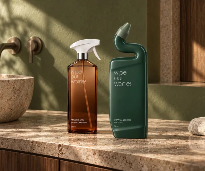 Sprayul de baie Amber & Oud și gelul WC Orange & Cedar, lângă chiuveta de piatră