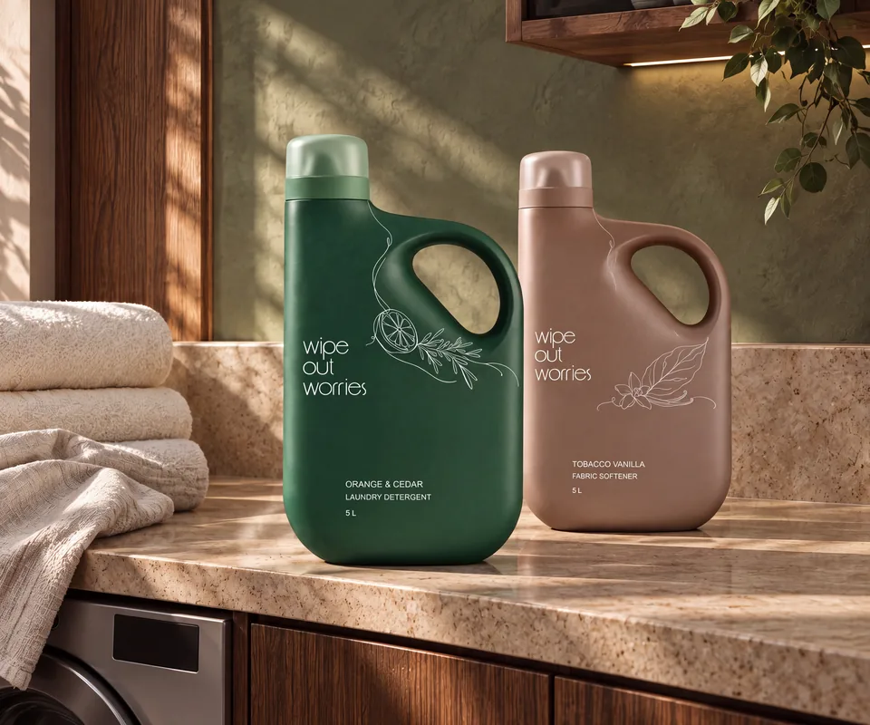 Detergentul de rufe Orange & Cedar și balsamul Tobacco Vanilla, pe blatul de lângă mașina de spălat