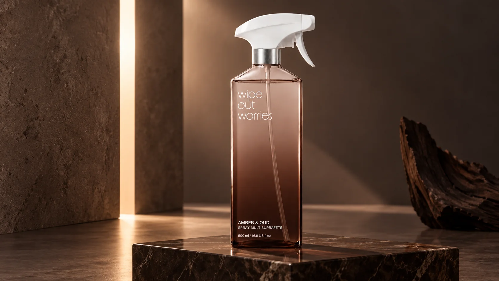Spray Amber & Oud pe un soclu de marmură închisă